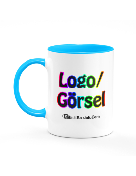 Kişiye Özel İçi ve Kulpu Mavi Kupa Bardak Baskı Kişiye Özel İçi ve Kulpu Mavi Kupa Bardak Baskı