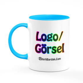 Kişiye Özel İçi ve Kulpu Mavi Kupa Bardak Baskı Kişiye Özel İçi ve Kulpu Mavi Kupa Bardak Baskı